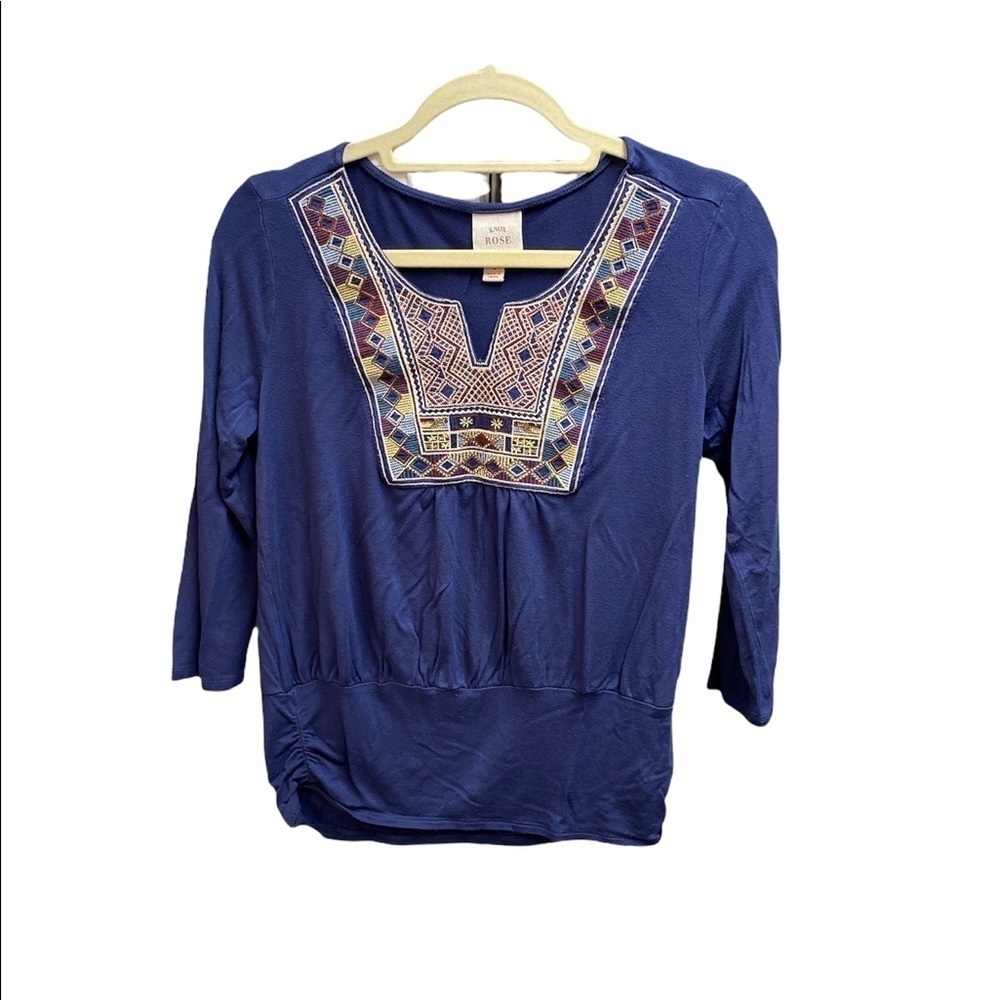 Knox Rose blouse 3/4 sleeves embroidered @front and neckline boho ruched Sz S